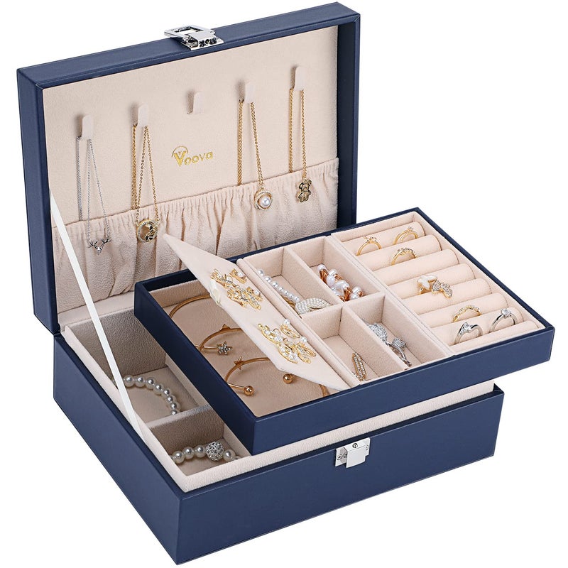 Voova Jewelry Box Organizer for Women Girls, 2 Layer Large Men Jewelry Storage Case,PU Leather Display Jewellery Holder with Removable Tray for Necklace Earrings Rings Braceletsï¼ŒVintage Giftï¼ŒNavy Blue - Image 1